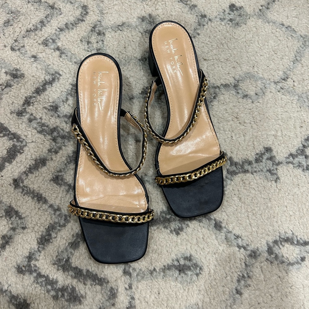 Nicole Miller Black and Gold Chain Sandals